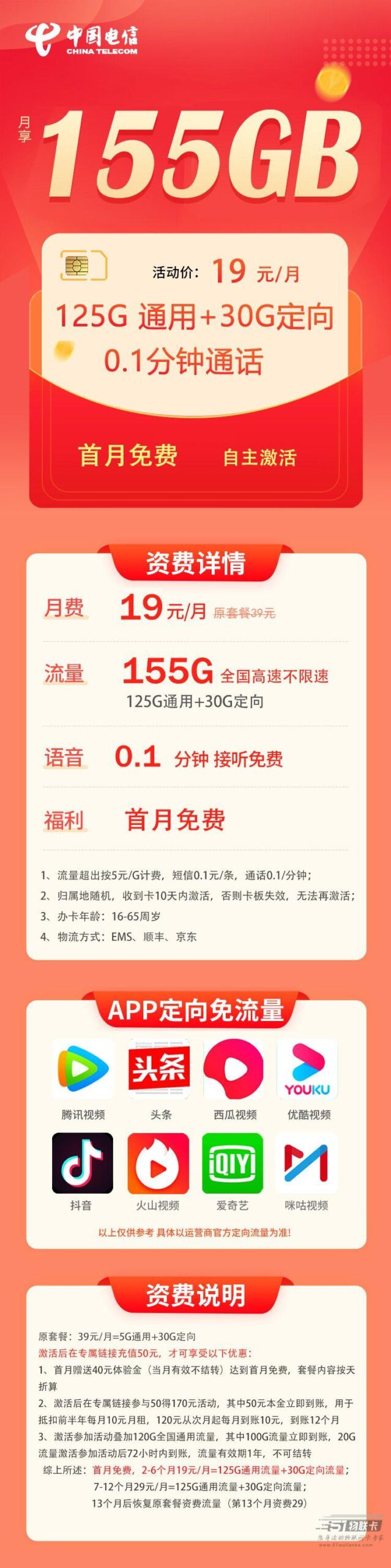 【电信卡】19元155G全国流量,首月免费自主激活-有卡网