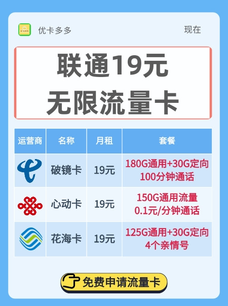 联通19元无限流量卡：套餐介绍+自选选号！