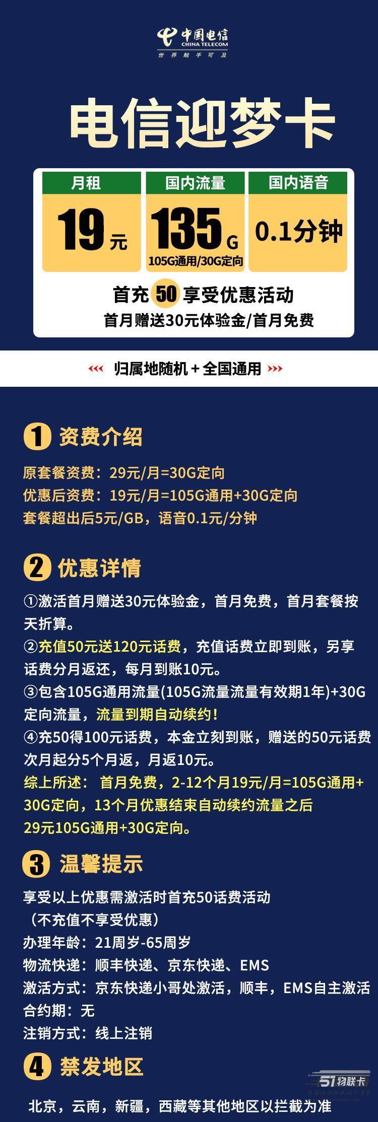 电信迎梦卡：19元月租=135G全国流量套餐推荐