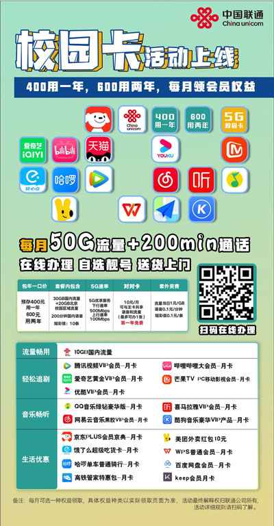 联通推出校园卡活动：400元用一年，200分钟通话