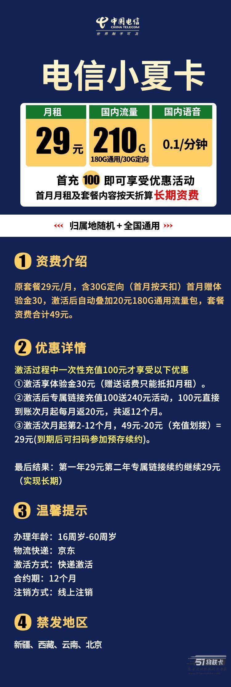 29元210G长期套餐-电信小夏卡