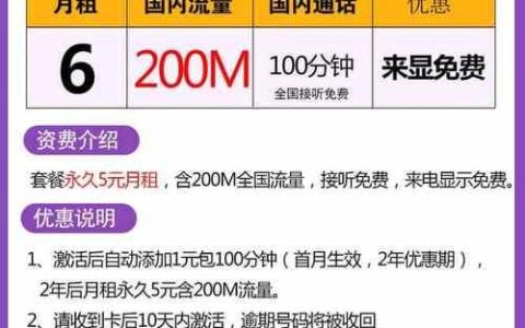 电信推出5元无忧卡套餐，月租仅4元，畅享200MB流量