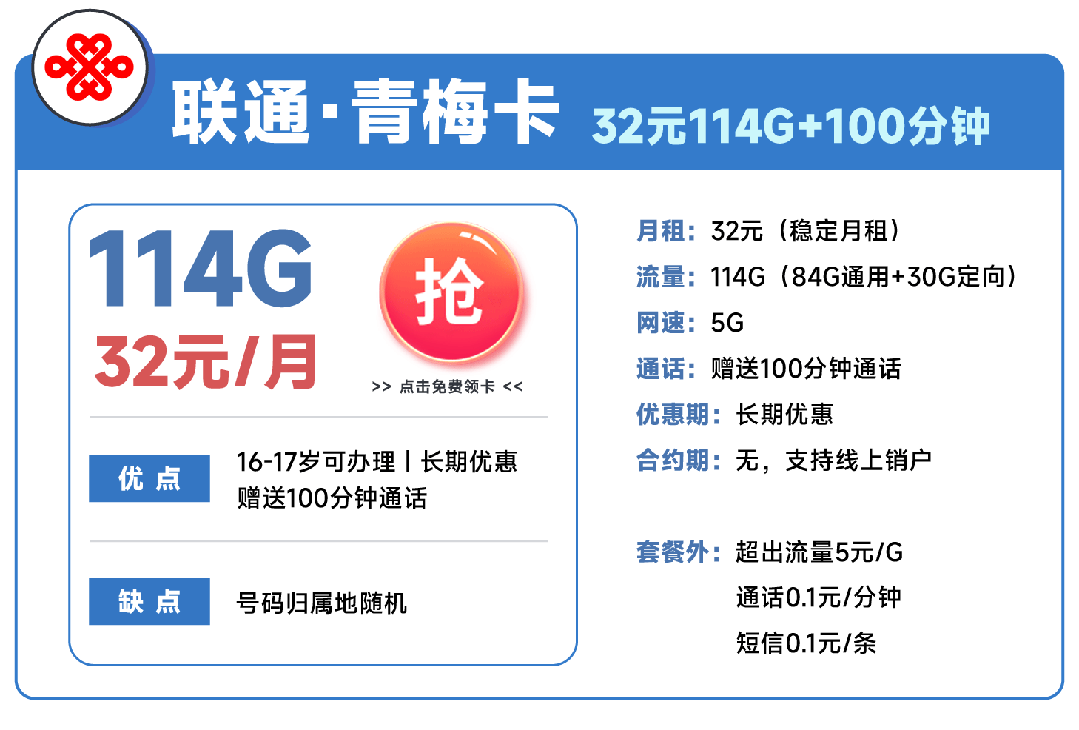 联通青梅卡怎么样？32元114G流量长期优惠-1