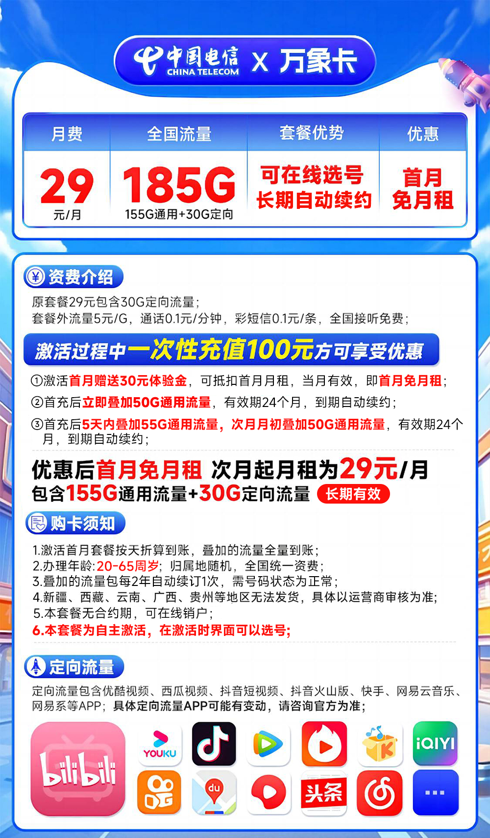 电信万象卡：29元185G（20年长期套餐+自主激活可选号）