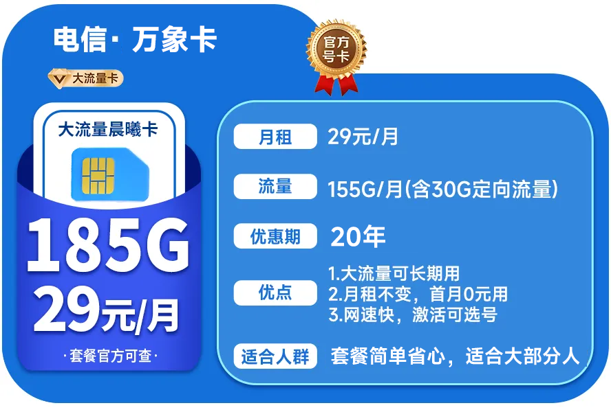电信万象卡：29元185G（20年长期套餐+自主激活可选号）